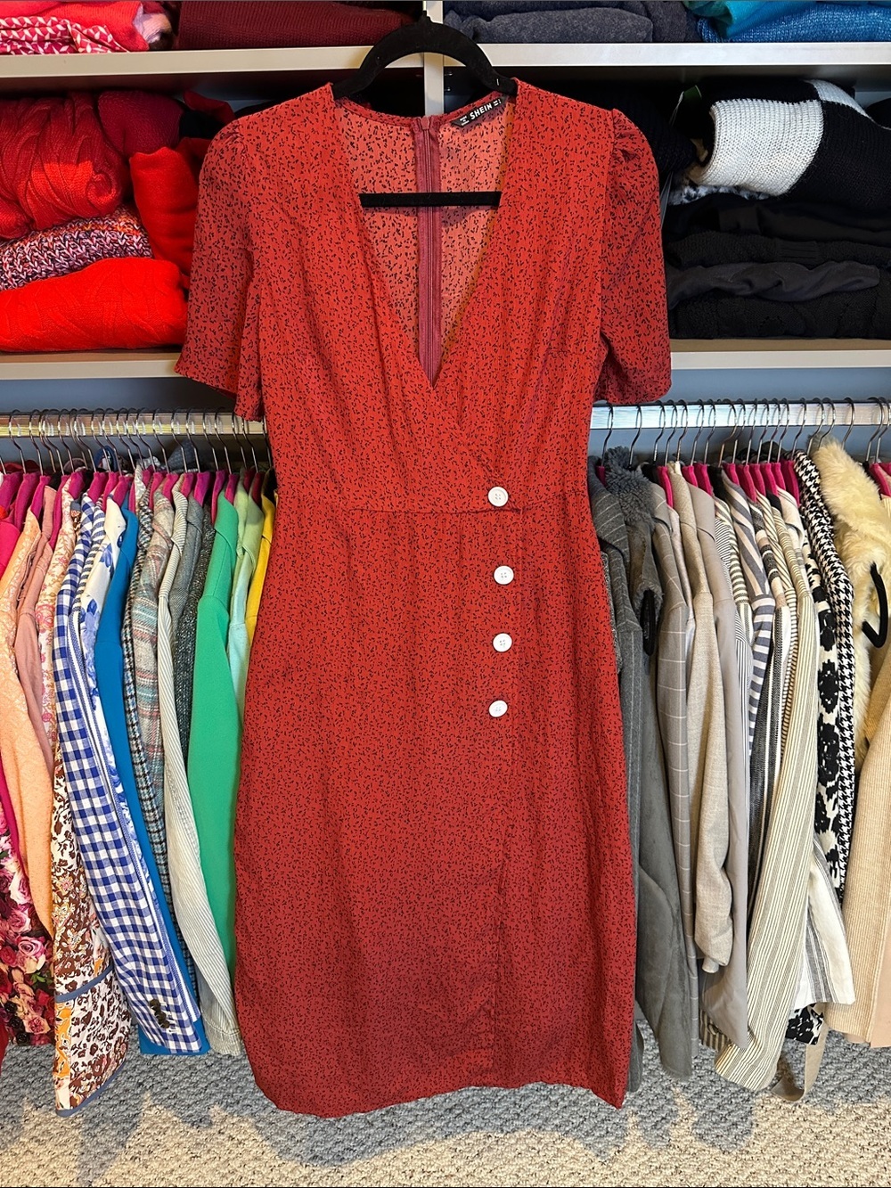 SHEIN red/black print short sleeve v neck midi dress size S